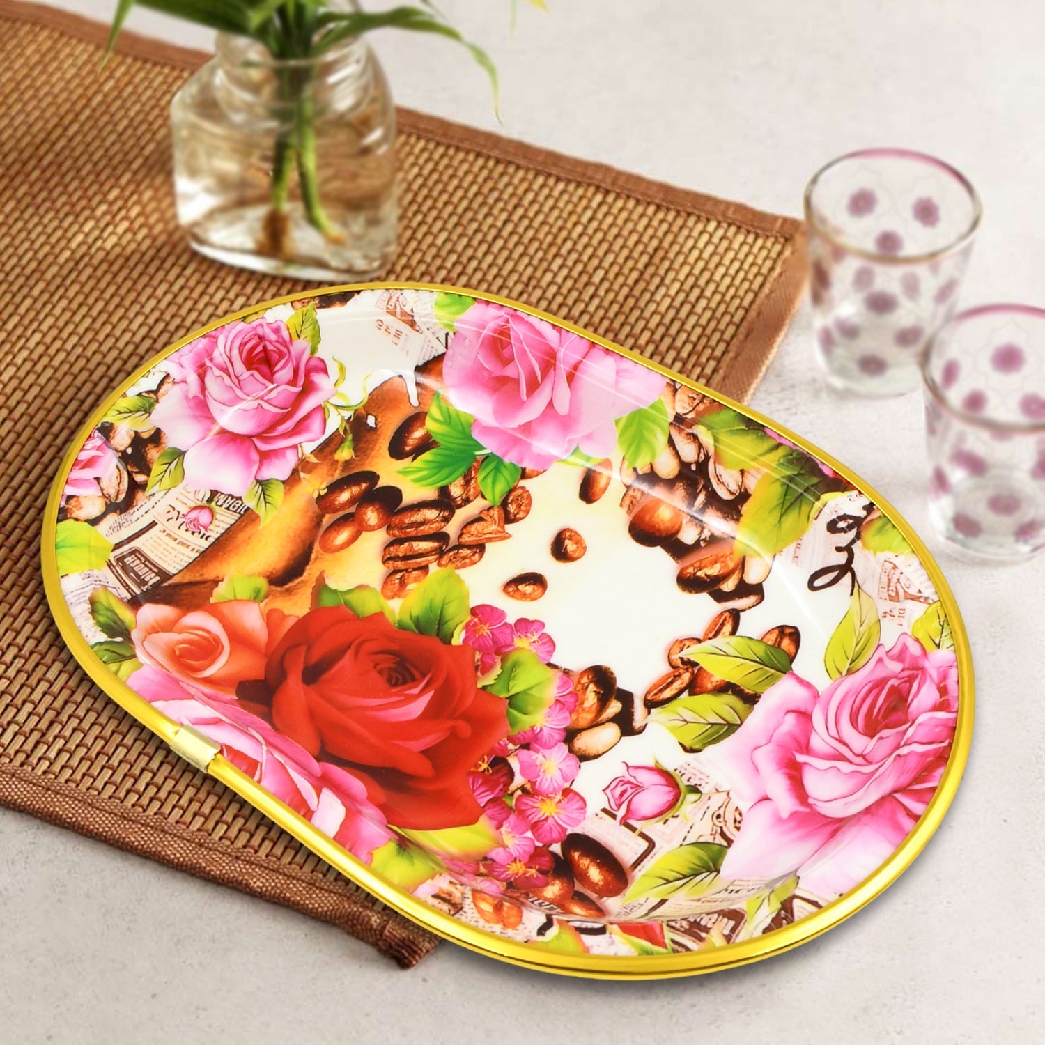 Plastic Flower Printed Design Serving Tray (3 Pcs Set  Mix Color) Plastic Flower Printed Design Serving Tray (3 Pcs Set  Mix Color)